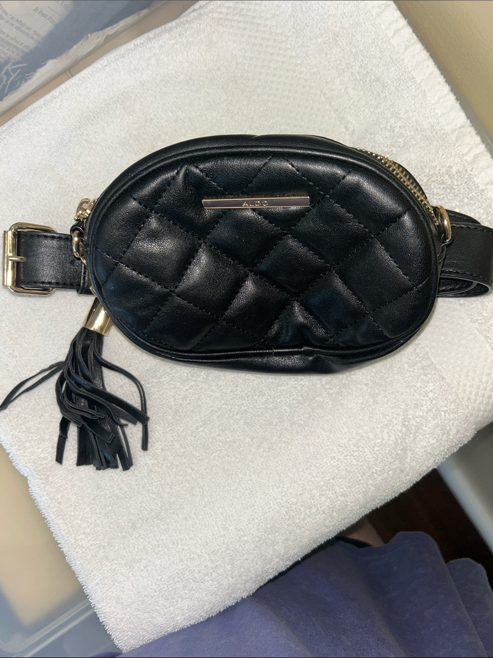 Aldo Black Quilted Mini Belt Bag with Tassel Accent
